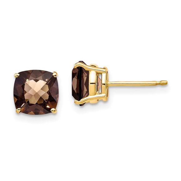 Kazi Luxury 14k Yellow Gold 7mm Cushion Checker-Cut Smoky Quartz Earring